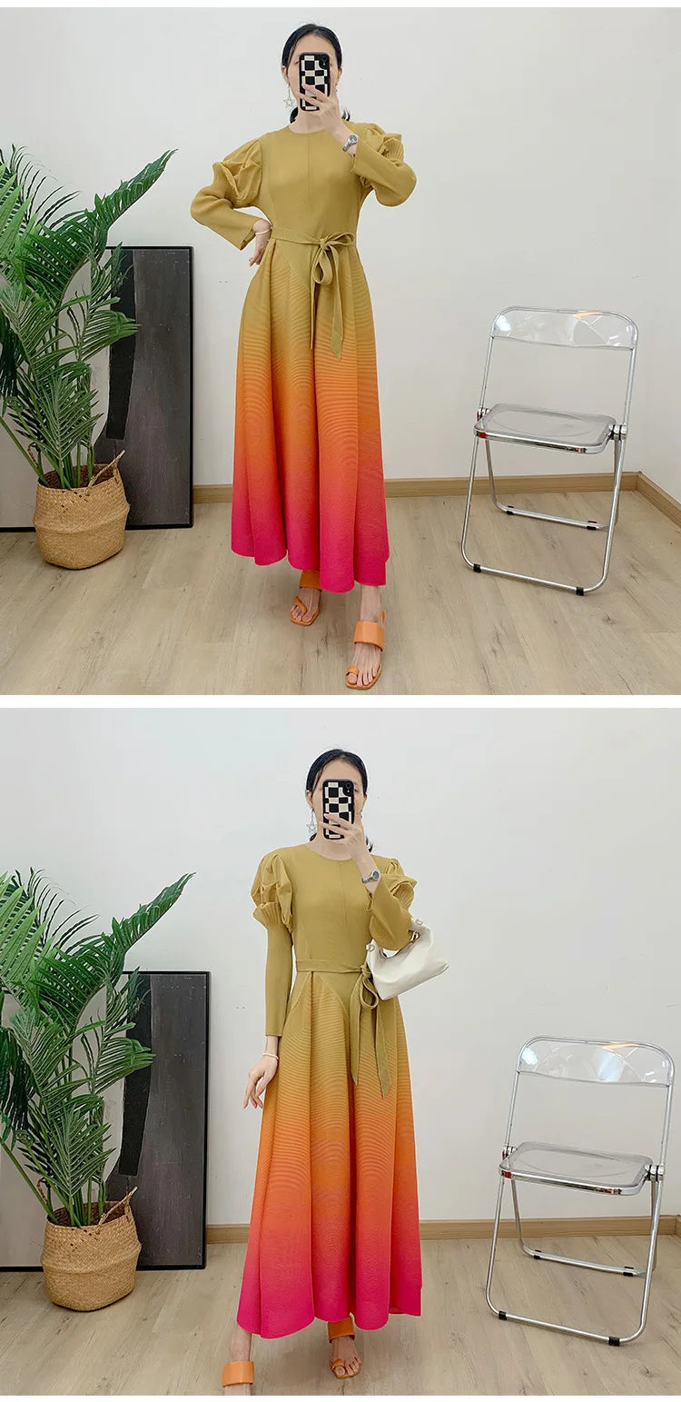 Gradient Pleated Dress For Women Long Sleeves Lantern Style Maxi Dresses 2024 Spring New Female Elegant Clothing 2DA4145