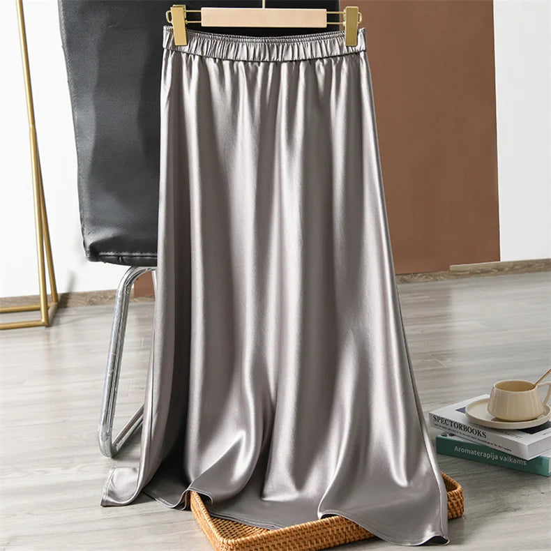 2024 Summer Elegant Ladies Club Maxi Skirt Korean Style Elastic Waist Satin Silk Skirts for Womans Plus Size Solid Skirt 6XL 7XL