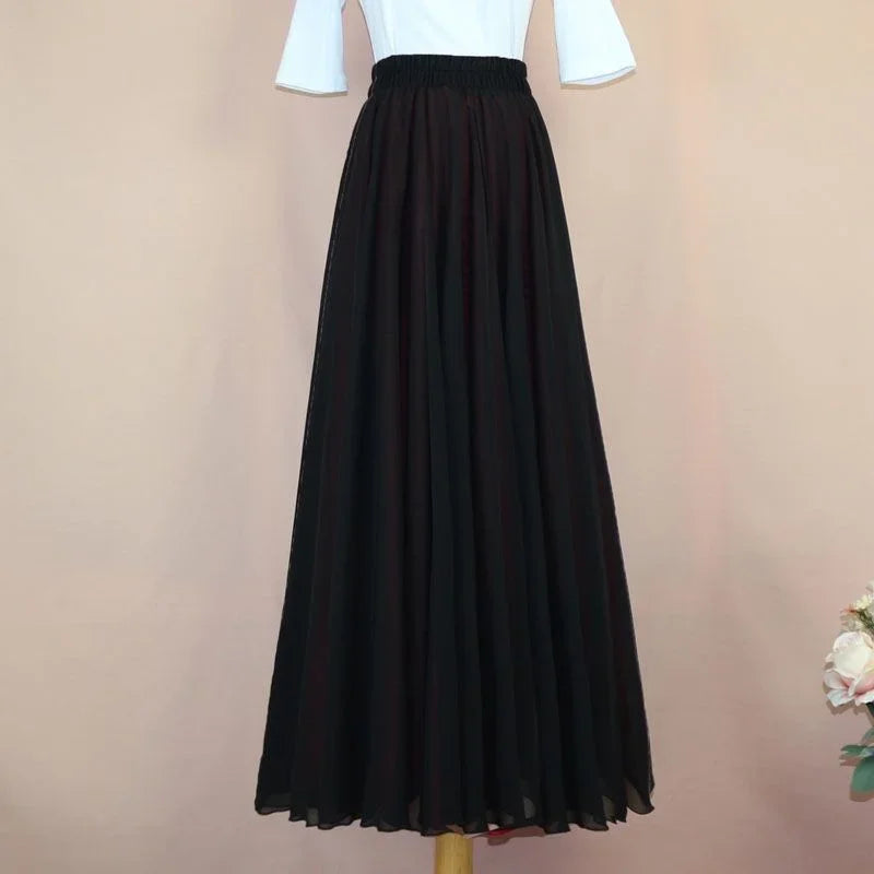 Women Chiffon Long Skirt A-Line Skirts Women Elastic High Waist Maxi Skirts Elegant Solid Skirts