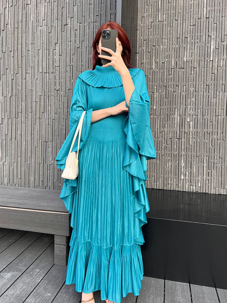 Miyake Pleated Spring Women's Long Irregular Dress Loose and Slim Solid Color Heavy Work Pleated Western Style Women's Dress