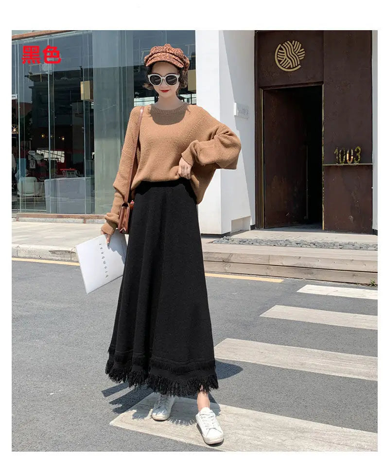 Elegant Tassel Knitted Skirts Midi Length for Women Autumn Winter Warm Thicken A Line Skirt Female Solid High Waist Cozy Skorts