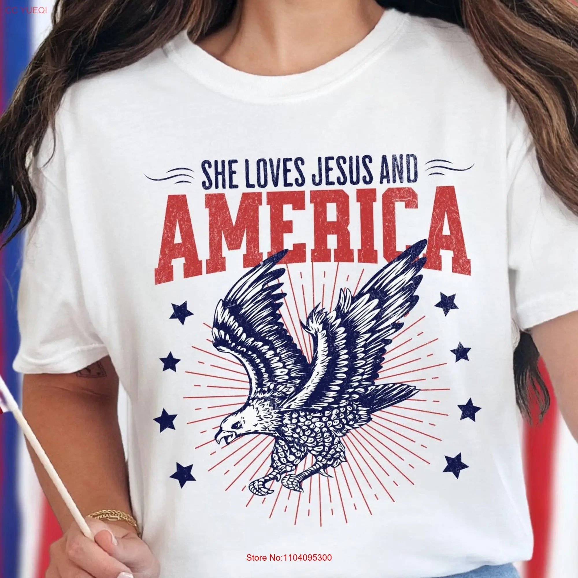 4th of July T Shirt She Loves Jesus and America Independence Day Christian Distressed Retro USA long or short sleeves