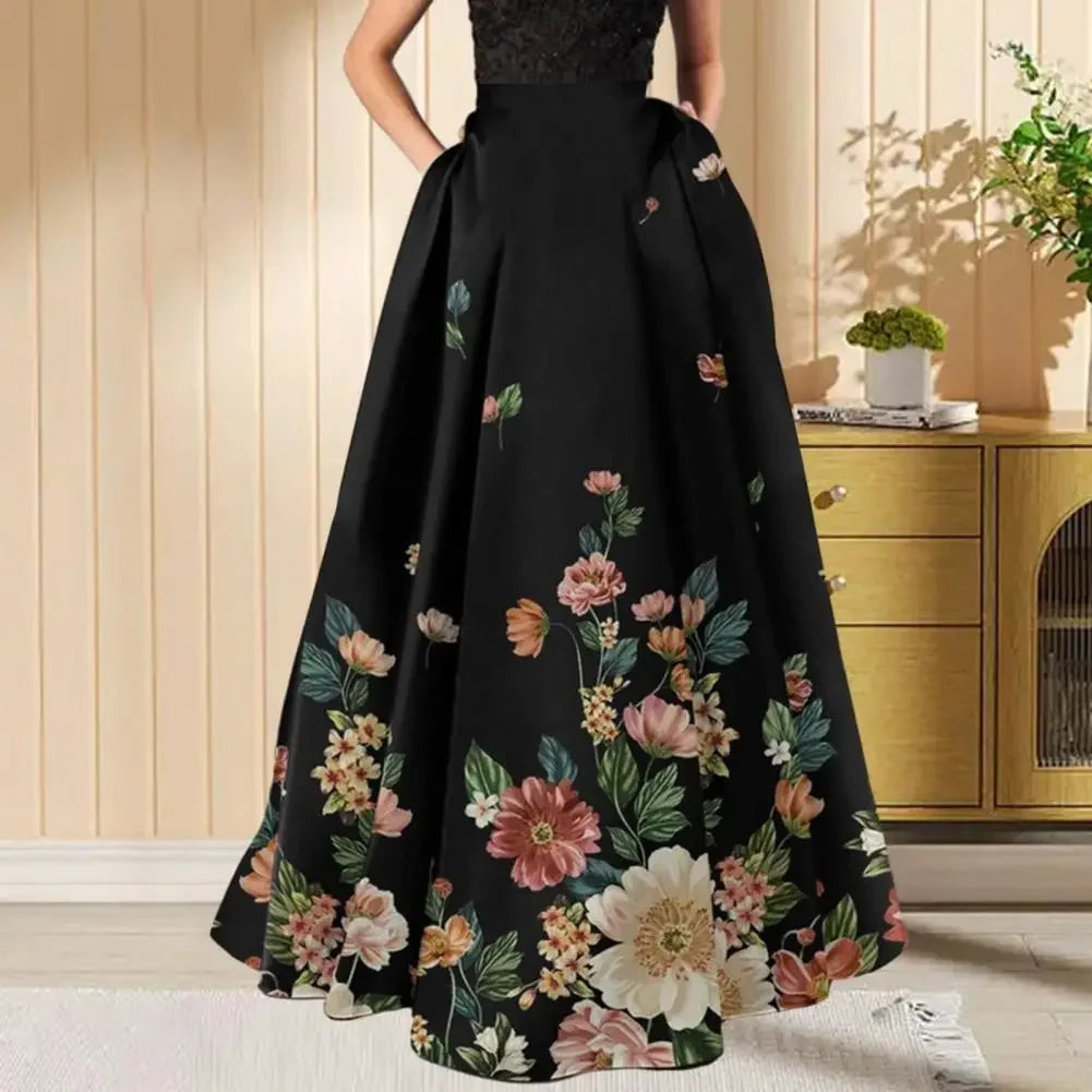 Women High-waisted Long Skirt Flower Printed Skirt for Women Elegant A-line Big Swing Zipper Bohemian Party Prom Maxi Skirt