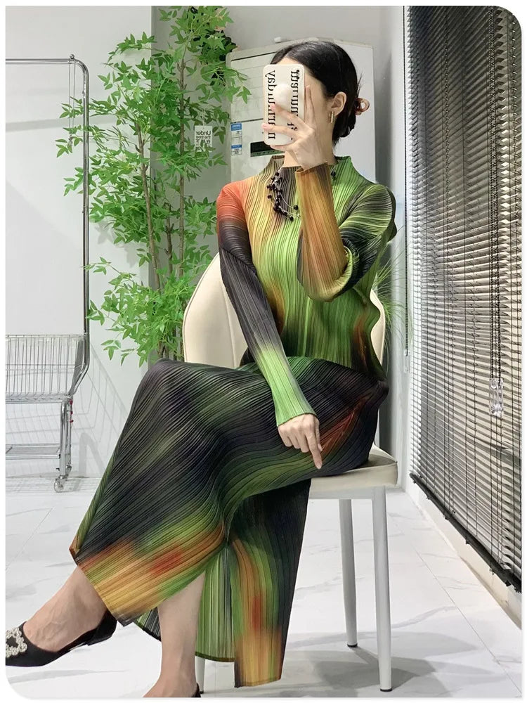 High-end Miyake Pleated Dress Women's Mid-length 2024 Spring and Summer New Gradient Color Smudged Luxury High-end Skirt