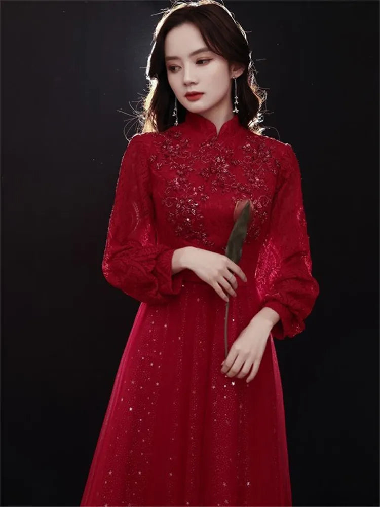 Wine Red Dress Women Spring Autumn New Solid Color Stand Collar Applique Sequins Long Sleeve A-line Skirt Female Clothing M271