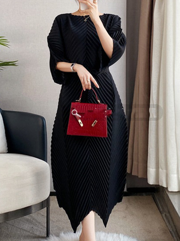 Miyake Lace-up Pleated Dress Women Round Collar Half Sleeve 2023 Spring New Female Solid Color Irregular Fashion Clothing