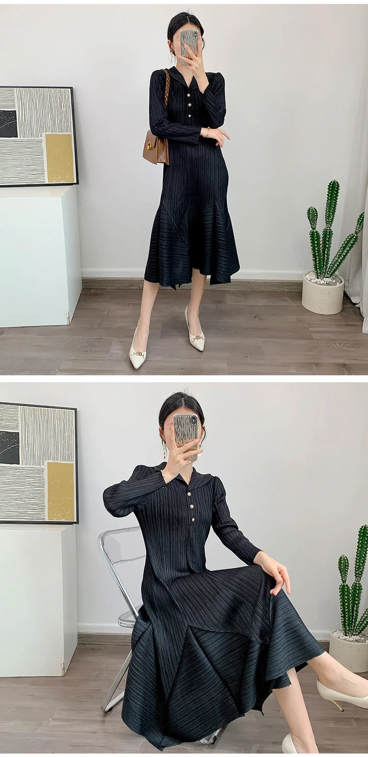 Lapel Pleated Dress For Women Long Sleeves Single Braested A-line Dresses Spliced