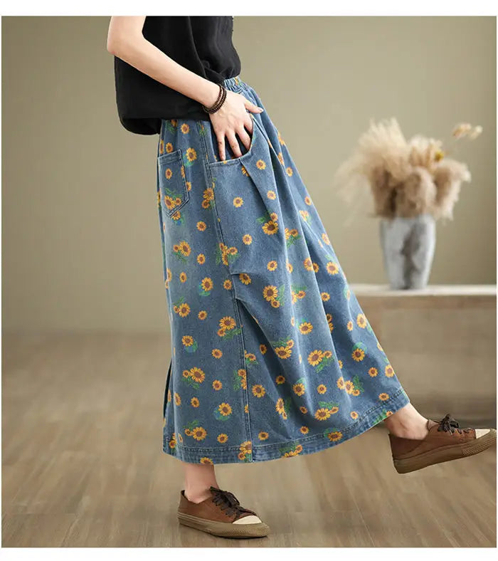 Retro Floral Denim Skirt For Women Autumn 2024 Fashon Printed Elastic Waist Slimming Versatile Bud Skirt Midi Jeans Saias K2229