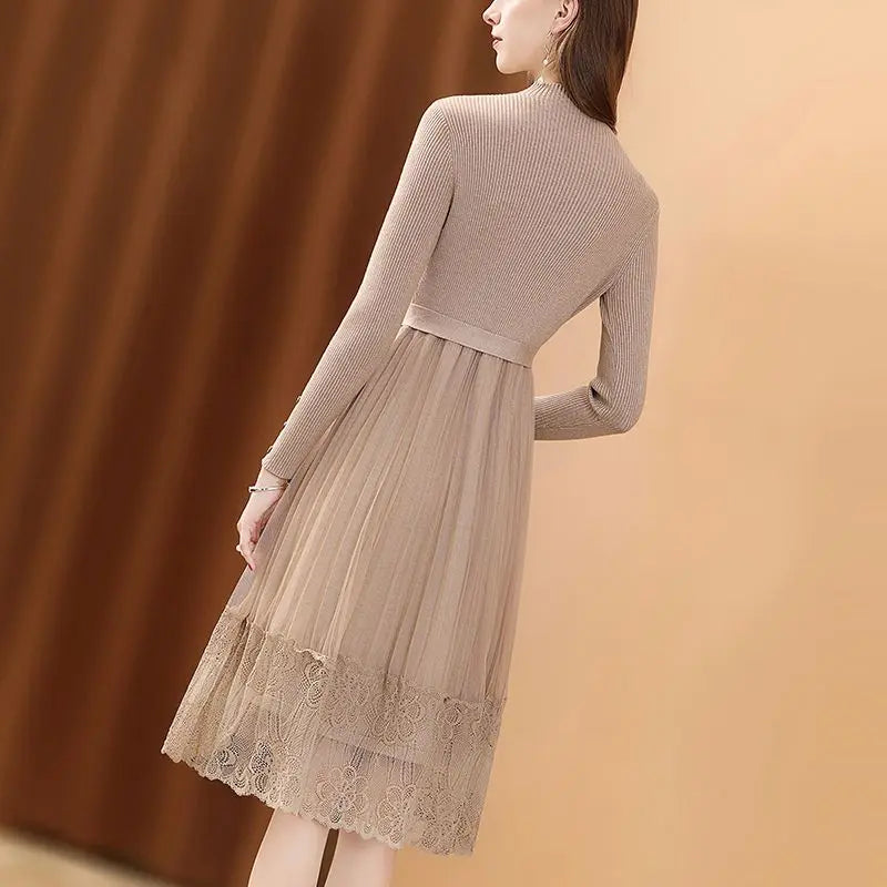 Elegant Stand Collar Spliced Gauze Lace Bandage Ladies Dresses Women's Clothing 2023 Autumn Winter Loose Office Lady Midi Dress