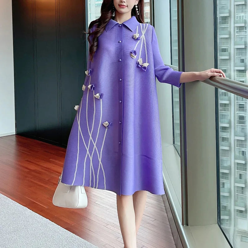 Miyake Pleated Large Size Dress New 2023 Autumn Dress Lapel Print Loose Large Size Fat MM Thin Single-breasted Cardigan Dresses