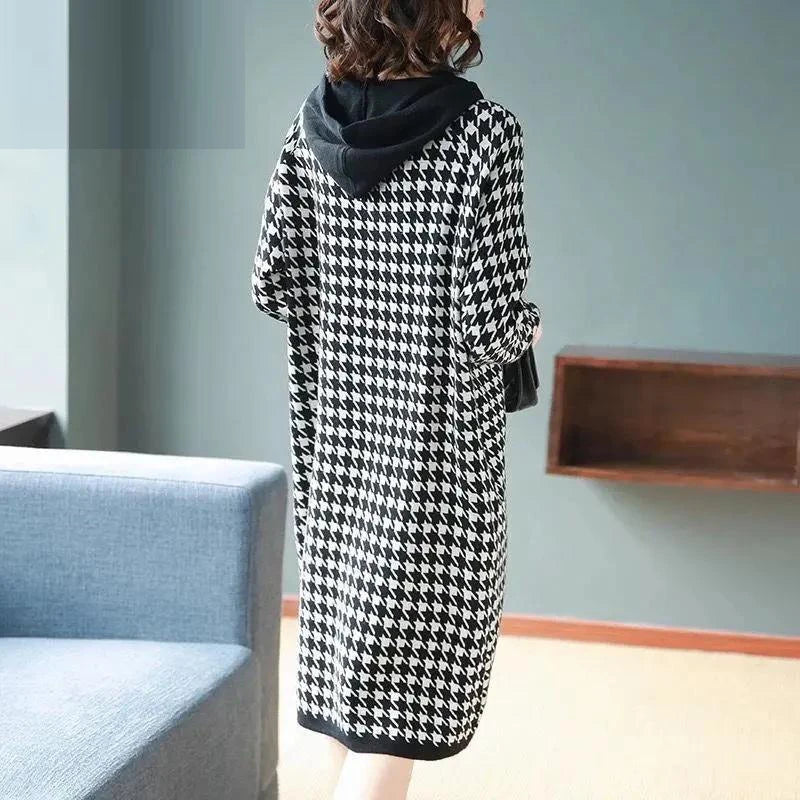 Houndstooth Print Elegant Hooded Dresses for Women Autumn Casual Streetwear Pockets Loose Long Sleeve Midi Dress