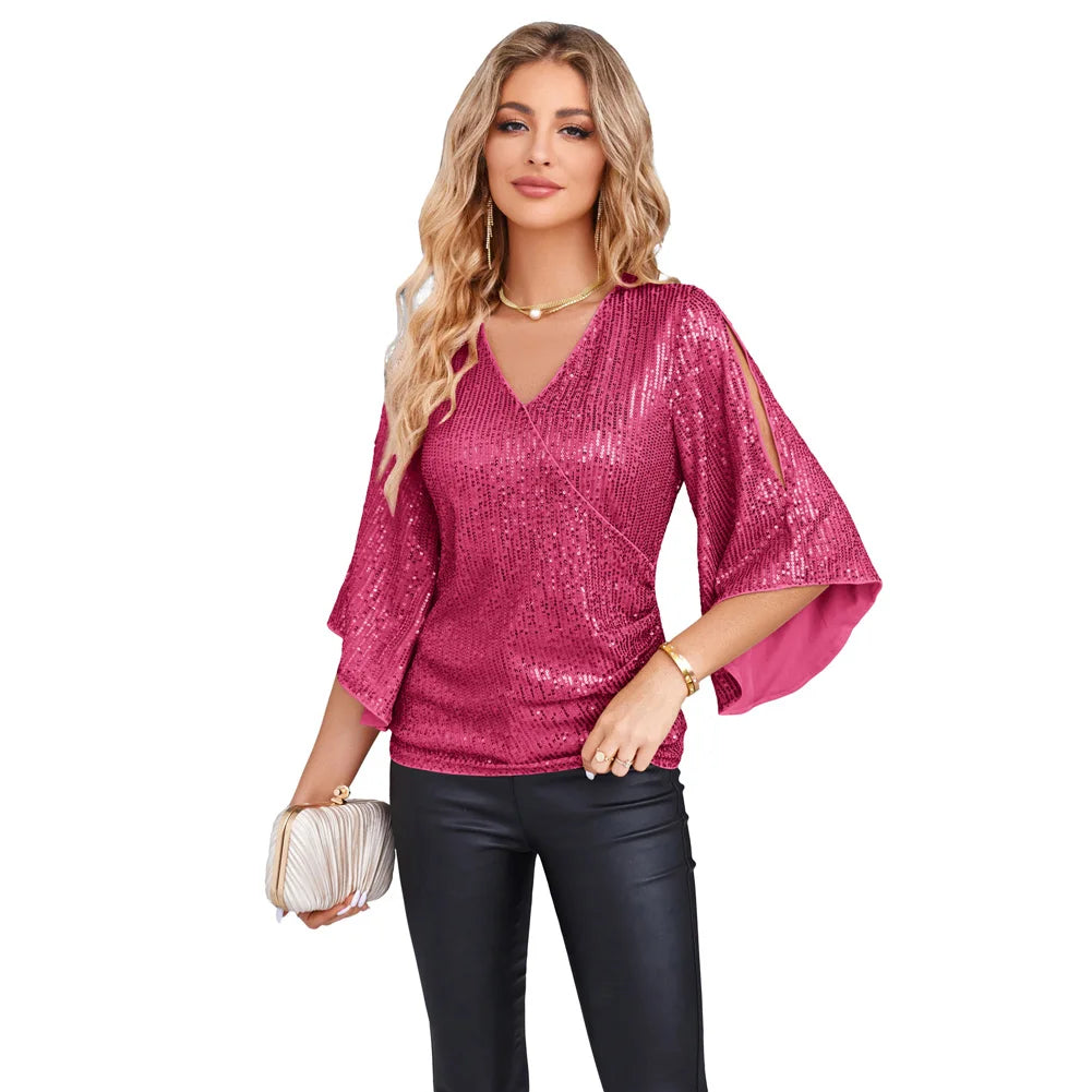 Grace Karin Fashion Women's Sparkle Sequin Party Blouse Tops Shimmer Glitter 3/4 Slit Sleeve Dressy Tops For Women Party Tunic