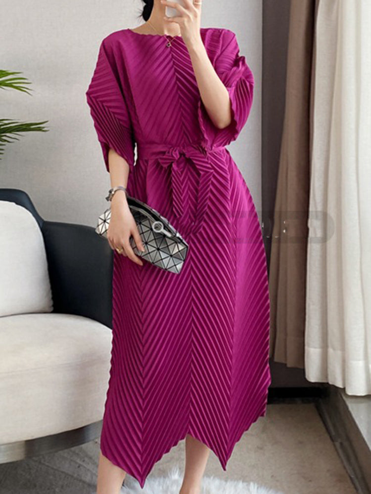 Miyake Lace-up Pleated Dress Women Round Collar Half Sleeve 2023 Spring New Female Solid Color Irregular Fashion Clothing