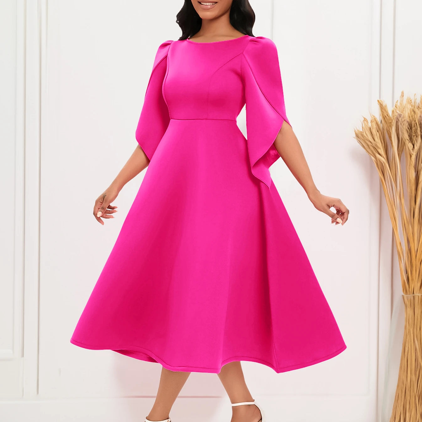 Elegant Ruffle Maxi Dress Women Solid O Neck High Waist 3/4 Sleeve Party Wedding Cocktail Long Dresses