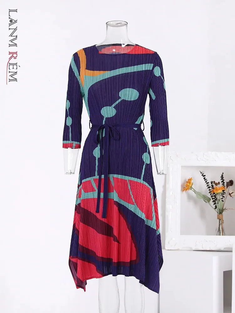 LANMREM Casual Colorful Striped Printed Pleated Dress Women Fashion Contrast Color Belt Dresses 2024 Summer New Clothing 2DA1019