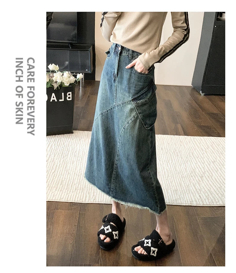 Women's jeans skirt No Elastic High Waist Frayed Raw hem A-Line Maxi Denim Skirt with Pockets patchwork midi A-line Mermaid