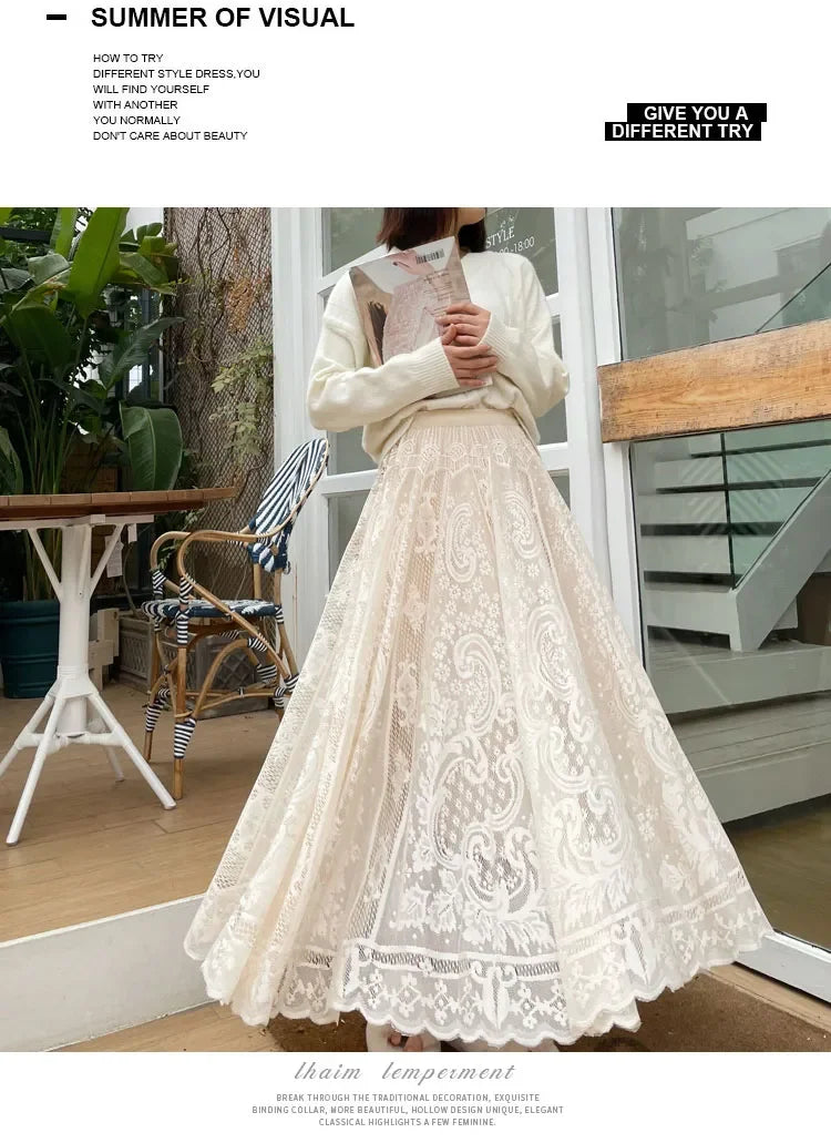 Vintage Women's Lace Crochet Umbrella Long Skirts Bohemian High Waist Hollow Out Female Maxi Skirts Spring Summer