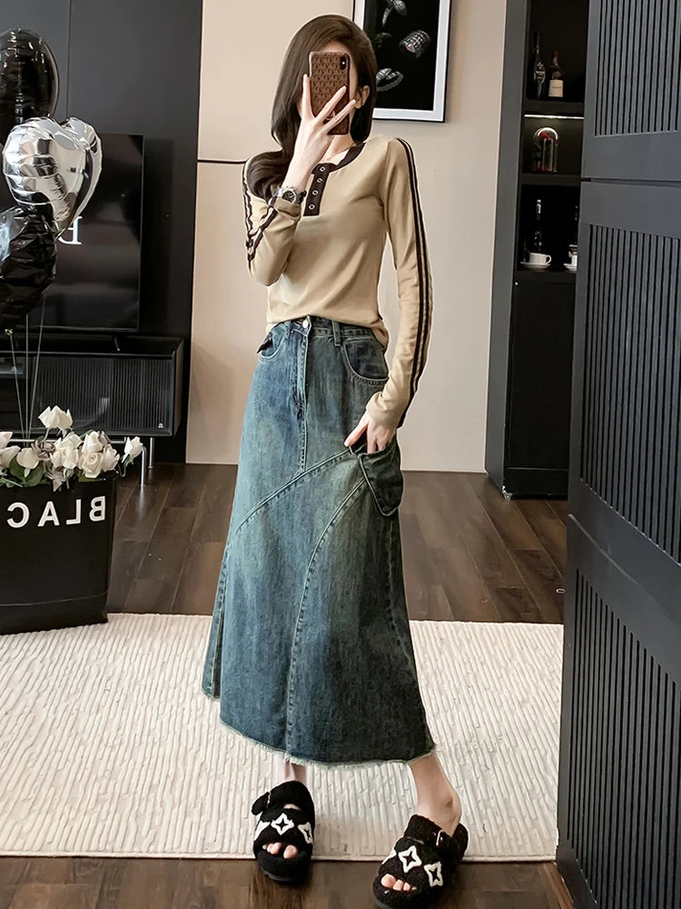 Women's jeans skirt No Elastic High Waist Frayed Raw hem A-Line Maxi Denim Skirt with Pockets patchwork midi A-line Mermaid