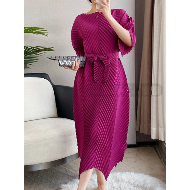 Miyake Lace-up Pleated Dress Women Round Collar Half Sleeve 2023 Spring New Female Solid Color Irregular Fashion Clothing