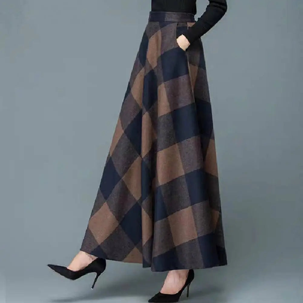 Square Plaid Print Elegant Maxi Skirt For Women High Waist A-Line Winter Long Skirt Fashion Side Pockets Temperament Retro Skirt