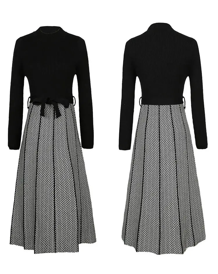 Vintage Spliced Knitted Midi Dress Autumn Winter Casual Half High Collar Female Clothing Elegant Waist Drawstring Bow Dresses