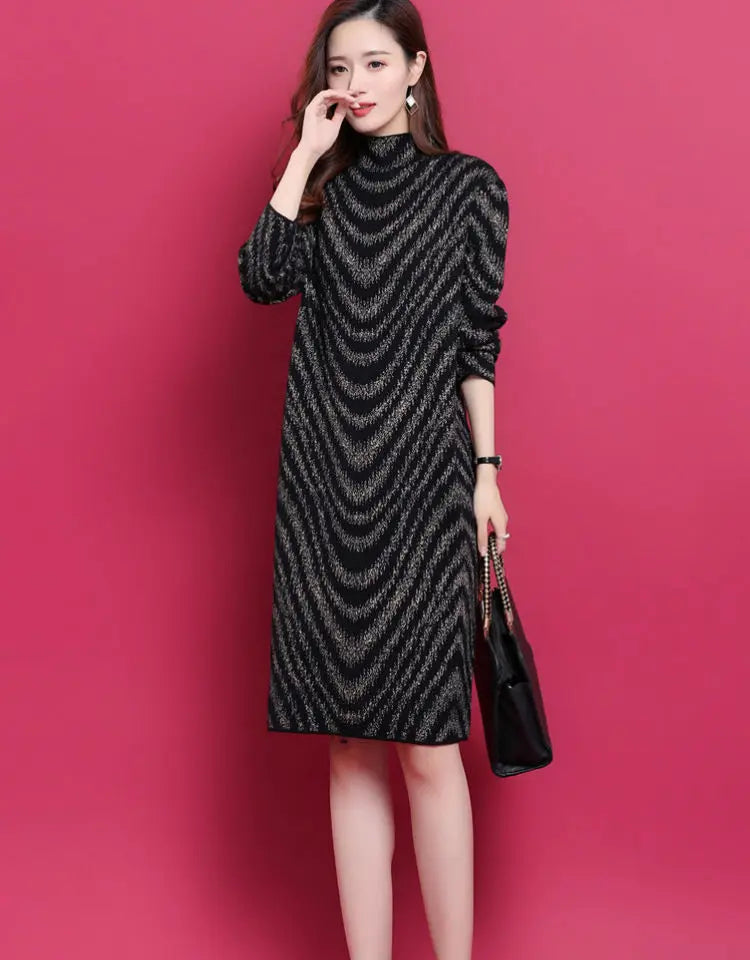 Women Fashion Elegant Striped Fleece Thick Basic Midi Dress Casual Half High Collar Long Sleeve Loose Dresses