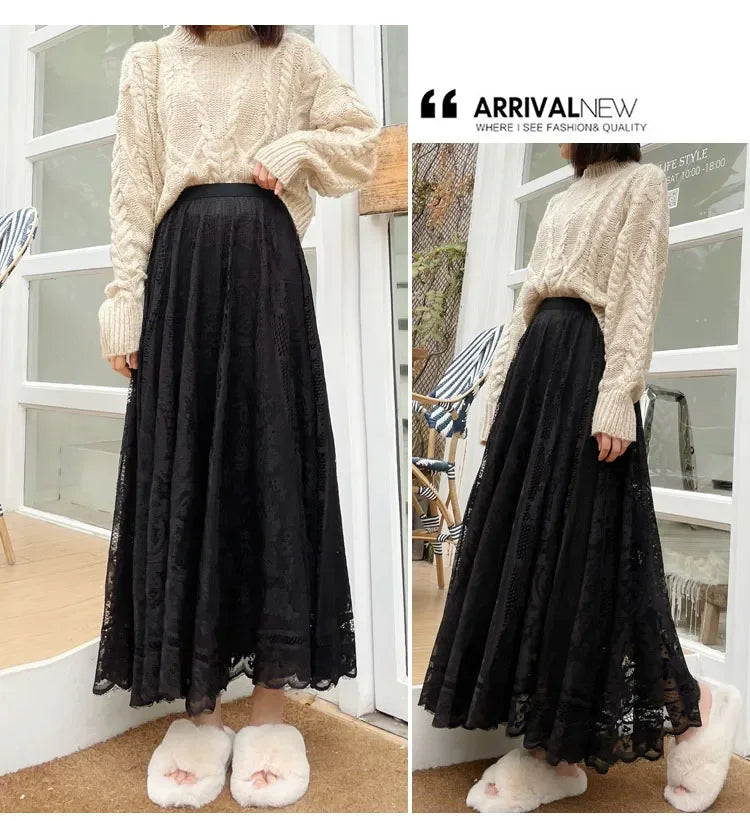 Vintage Women's Lace Crochet Umbrella Long Skirts Bohemian High Waist Hollow Out Female Maxi Skirts Spring Summer