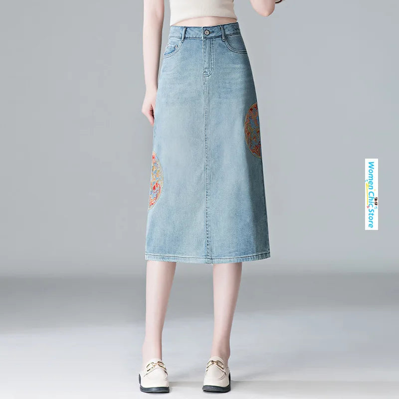 Embroidery High Waist A-line Denim Skirt  Women Elegant Chic Slim Fit Plus Size Midi Skirts