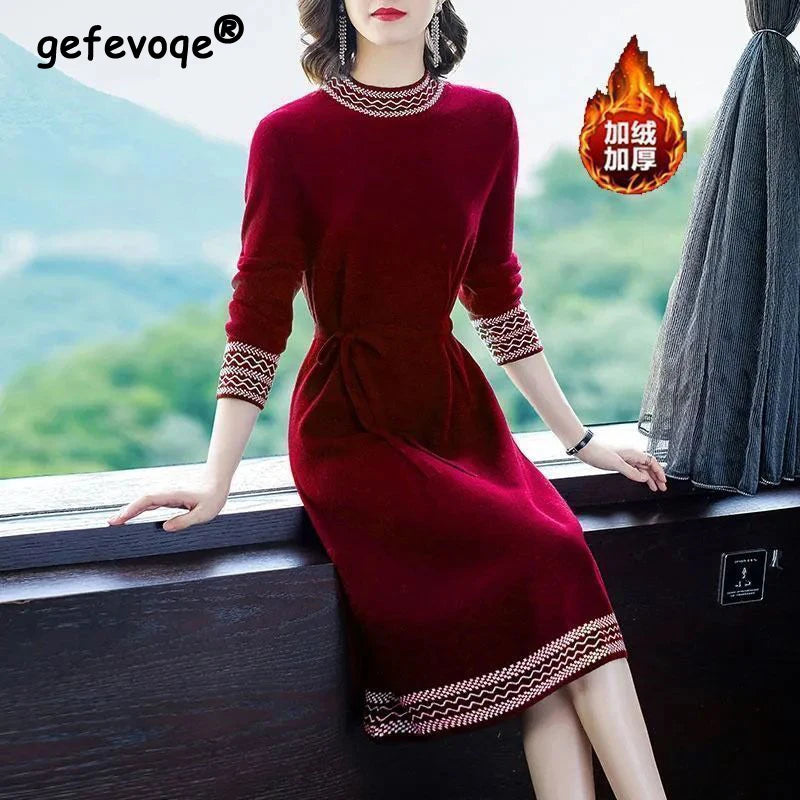 2024 New Year Red Fleece Lace Up Elegant Party Dresses for Women Winter Fashion Patchwork Long Sleeve Midi Dress Slim Vestidos