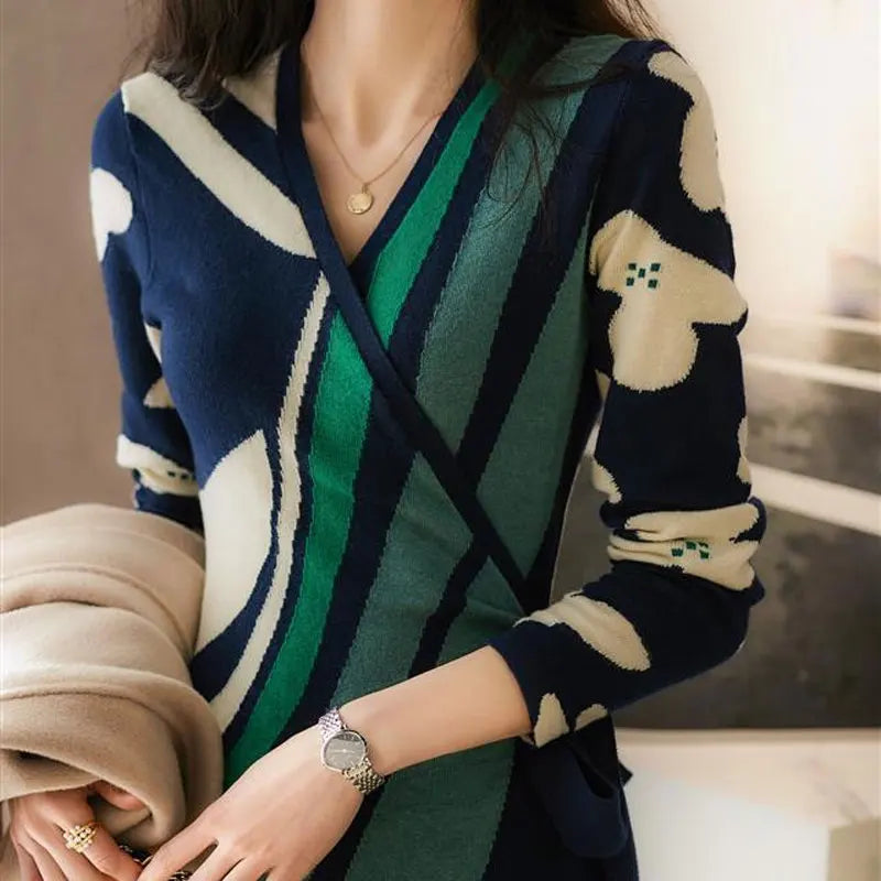 Spring Autumn Elegant V-Neck Dresses Casual Striped Female Contrasting Colors Fashion Bandage Asymmetrical Knitted Midi Dress