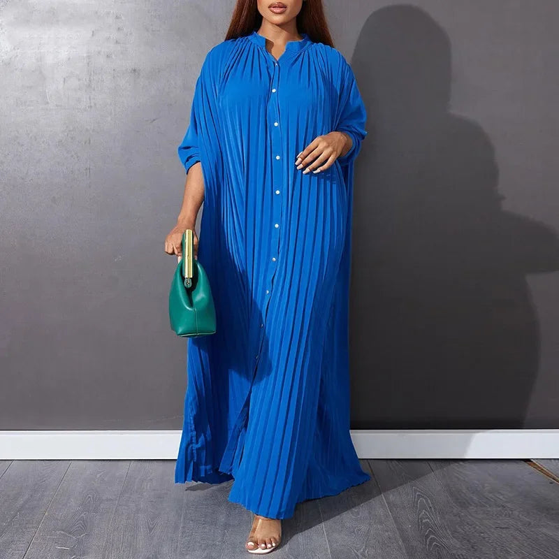 Women's Casual Pleated Maxi Dress Autumn Long Sleeve Button Design Long Dresses Female Loose Shirt Dresses Robe Longue