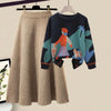 Winter New Cartoon Printed Knitted Sweater Pullover Slim Fit Knitted Skirt Two Piece Elegant Women's Party Dress