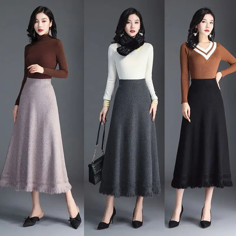 Autumn Winter New Women Long High Waist A-line Skirts Female Loose Big Swing Skirts Ladies Solid Color Knitted Skirt