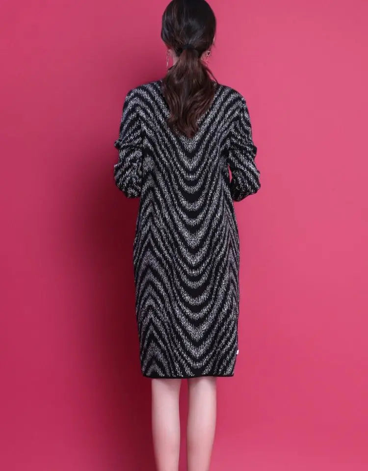 Women Fashion Elegant Striped Fleece Thick Basic Midi Dress Casual Half High Collar Long Sleeve Loose Dresses