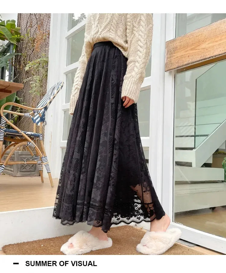 Vintage Women's Lace Crochet Umbrella Long Skirts Bohemian High Waist Hollow Out Female Maxi Skirts Spring Summer