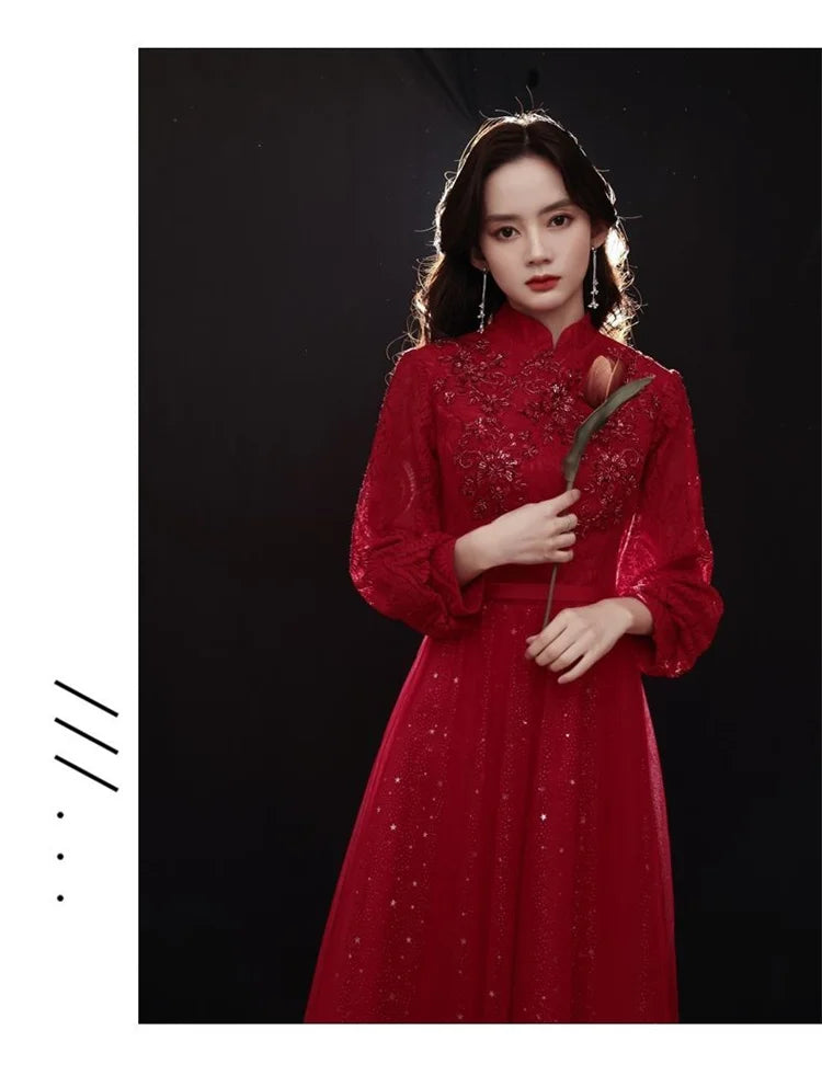 Wine Red Dress Women Spring Autumn New Solid Color Stand Collar Applique Sequins Long Sleeve A-line Skirt Female Clothing M271