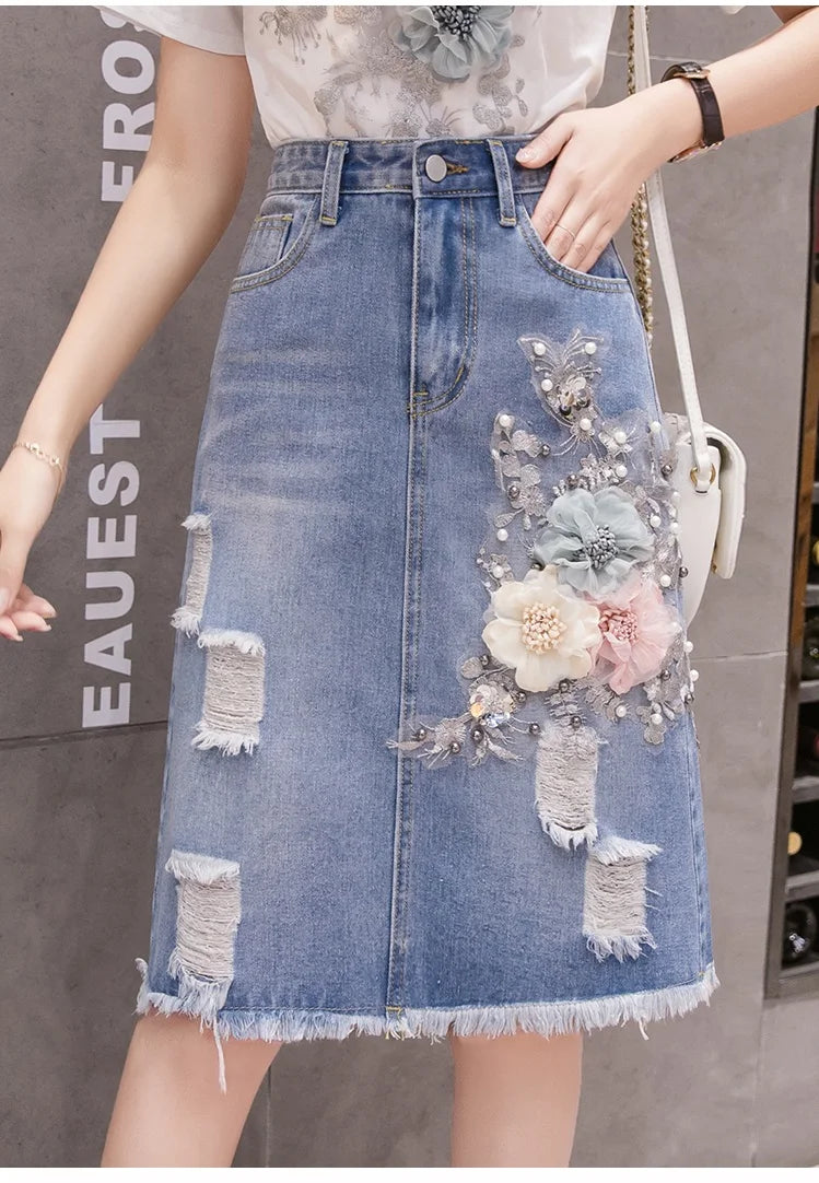 Summer Retro Ripped Hole Embroidered Denim Skirt Female Loose High Waist Three-Dimensional Flower Bag Hip Mid Skirt Women 2023