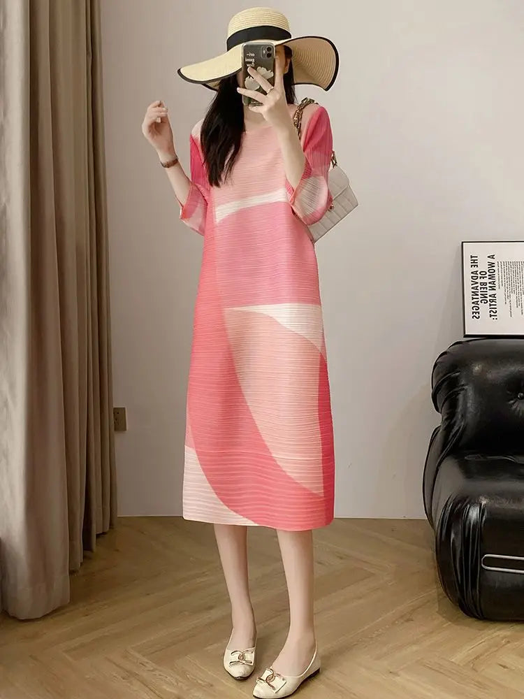 Mid length pleated dress, summer age reduction, oversized, stylish, loose printed, slimming women's dress