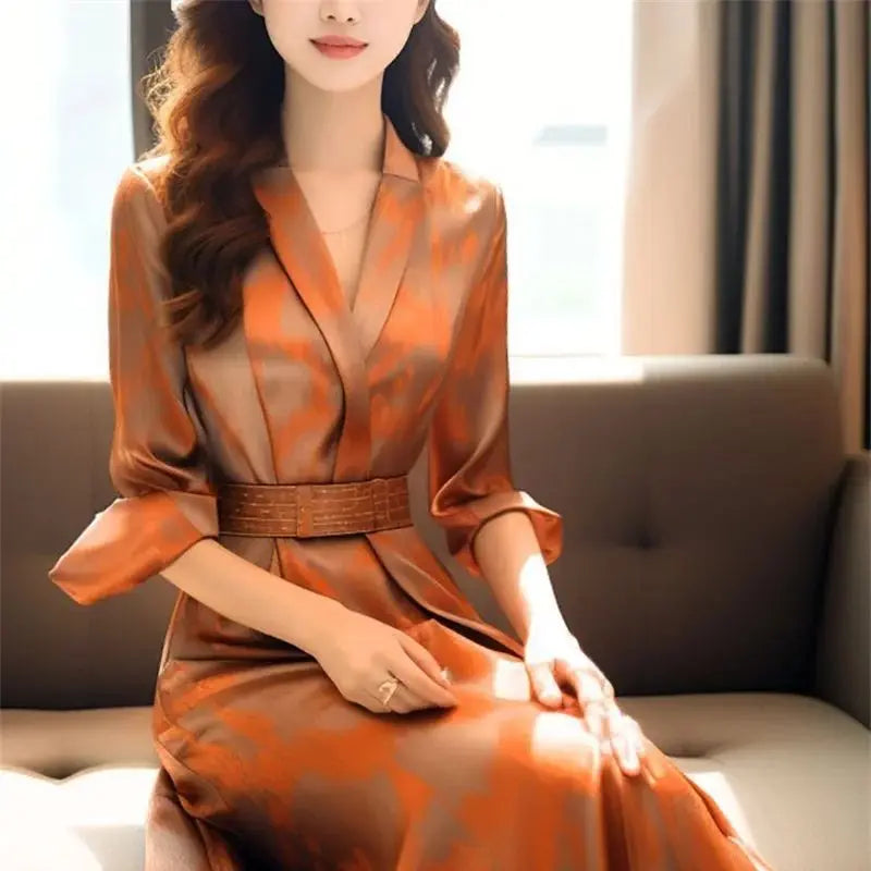 Autumn New Fashion Print Silk Satin Dress Elegant Women's Notched Long Sleeves High Waist Celebrity Party Dresses With Belt 227P