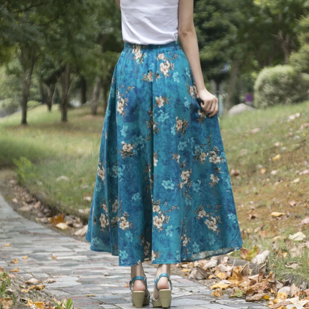 TIYIHAILEY Free Shipping 2022 New Fashion Long Maxi A-line Elastic Waist Women Cotton And Linen Print Flower Spring Summer Skirt