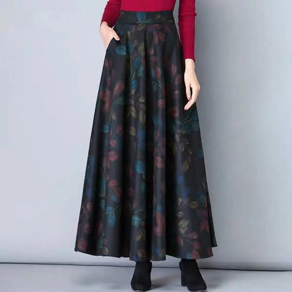 Square Plaid Print Elegant Maxi Skirt For Women High Waist A-Line Winter Long Skirt Fashion Side Pockets Temperament Retro Skirt