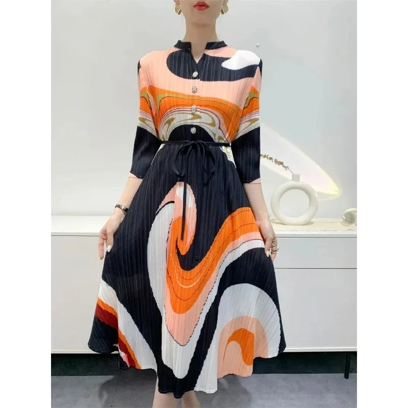 Miyake Pleated Women's Dress Fashion Printed Mid-Length Seven Sleeve Loose Plus Size Comfort Casual Dresses 2024 Summer New