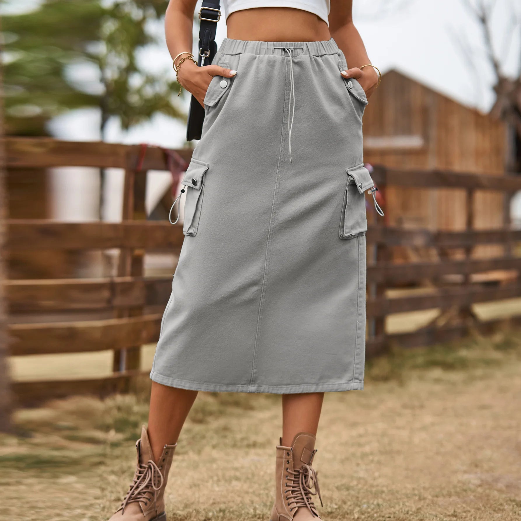 Denim Midi Skirts Women Cargo Hipster Vintage Loose Hot Girls Fashion Half Dress With Pockets Streetwear Back-slit Drawstring