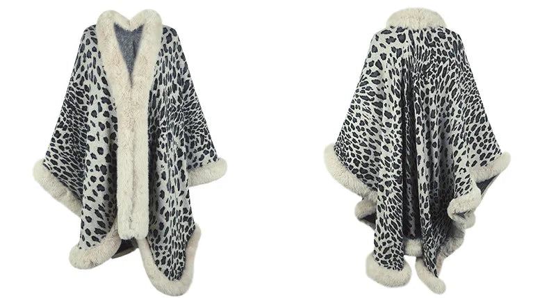 WeHello - Autumn/Winter New Ethnic Style Fur Collar Cape Cardigan Fashion Leopard Pattern Shawl Sweater for Women