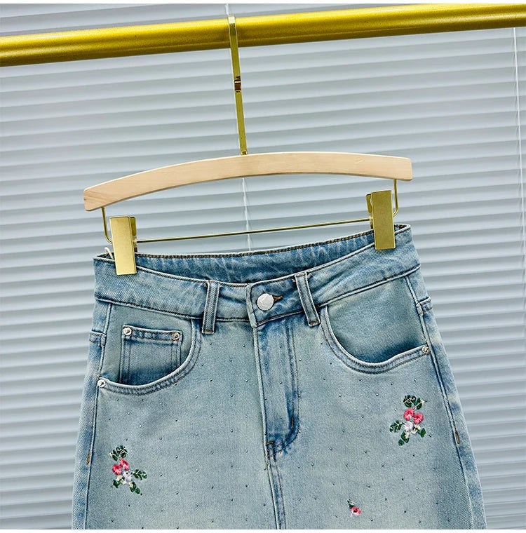 A- Line Embroidered Denim Skirt Women's 2024 Spring and Summer New High Waist All-Matching Split Rhinestone Midi Skirt