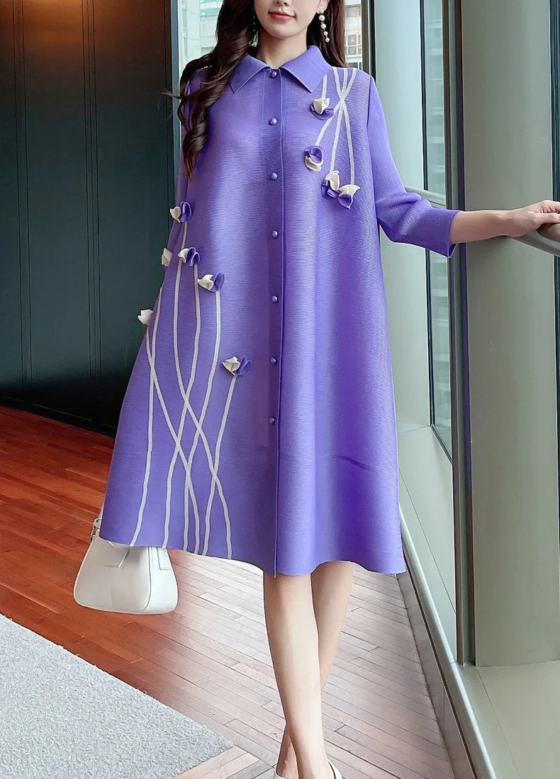 Miyake Pleated Large Size Dress New 2023 Autumn Dress Lapel Print Loose Large Size Fat MM Thin Single-breasted Cardigan Dresses