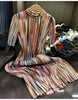 Miyake Colorful Striped Half-high Neck Short-sleeved Pleated Dress Loose Thin A-line Dress Women 2023 New Clothing