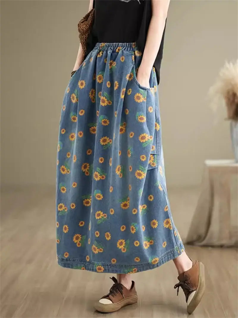 Retro Floral Denim Skirt For Women Autumn 2024 Fashon Printed Elastic Waist Slimming Versatile Bud Skirt Midi Jeans Saias K2229