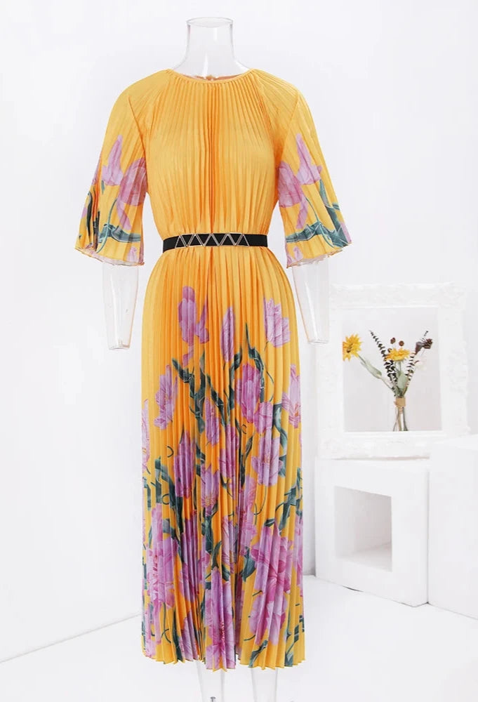 Floral Print Pleated Fashion Dress Women Round Neck Belt Loose Long Dresses