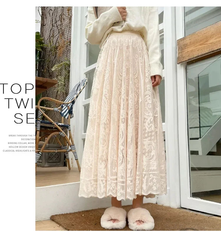 Vintage Women's Lace Crochet Umbrella Long Skirts Bohemian High Waist Hollow Out Female Maxi Skirts Spring Summer